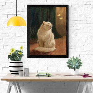 White Cat and Two Brimstone Butterflies Poster Print – Charming Animal Art for Home Decor